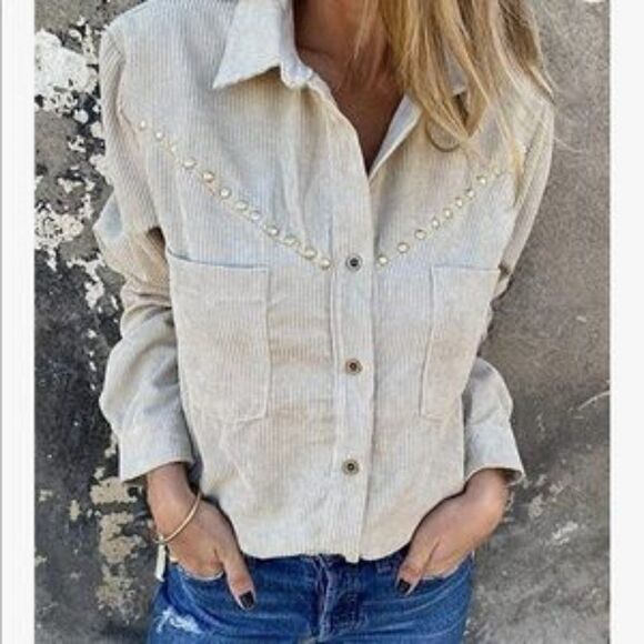 NEW Corduroy Rivet Studded Button Down Shirt - Picture 1 of 6